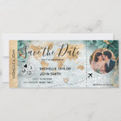 Damask Foto Save the Date Boarding Pass Weltkarte Einladung (Vorderseite)