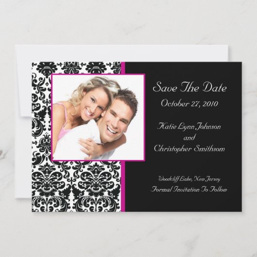 Damask Foto Save the Date HOT PINK Ankündigung (Vorderseite)