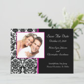 Damask Foto Save the Date HOT PINK Ankündigung (Stehend Vorderseite)