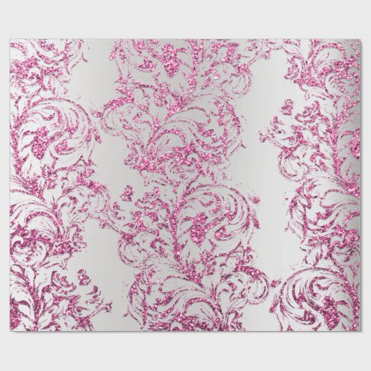 Damask Fuchsia Pink Metallic Grau Glitzer Hütte Geschenkpapier (Flach)