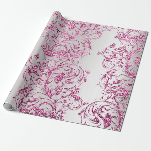 Damask Fuchsia Pink Metallic Grau Glitzer Hütte Geschenkpapier (Ungerollt)