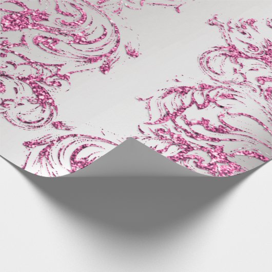 Damask Fuchsia Pink Metallic Grau Glitzer Hütte Geschenkpapier (Ecke)