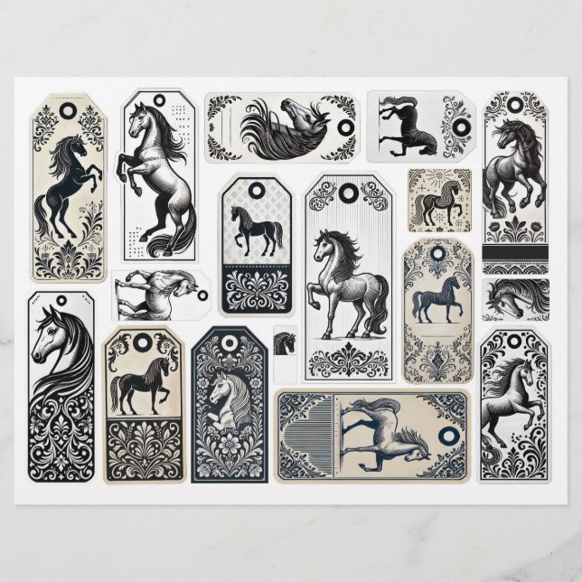 Damask Geblüht Tags mit Pferden (Vorderseite)
