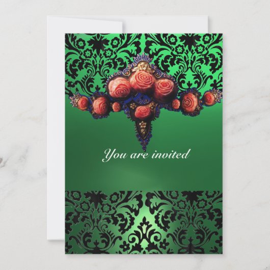 DAMASK GEM AND PINK ROSES MONOGRAMM EINLADUNG (Vorderseite)