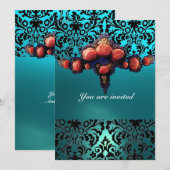 DAMASK GEM AND PINK ROSES MONOGRAMM EINLADUNG (Vorne/Hinten)