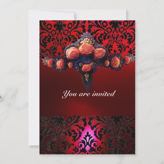 DAMASK GEM AND PINK ROSES MONOGRAMM EINLADUNG (Vorderseite)