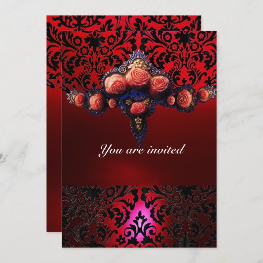 DAMASK GEM AND PINK ROSES MONOGRAMM EINLADUNG (Vorne/Hinten)