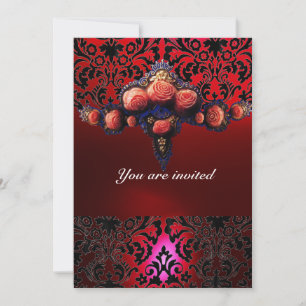 DAMASK GEM AND PINK ROSES MONOGRAMM EINLADUNG