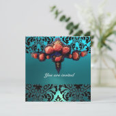 DAMASK GEM AND PINK ROSES MONOGRAMM EINLADUNG (Stehend Vorderseite)