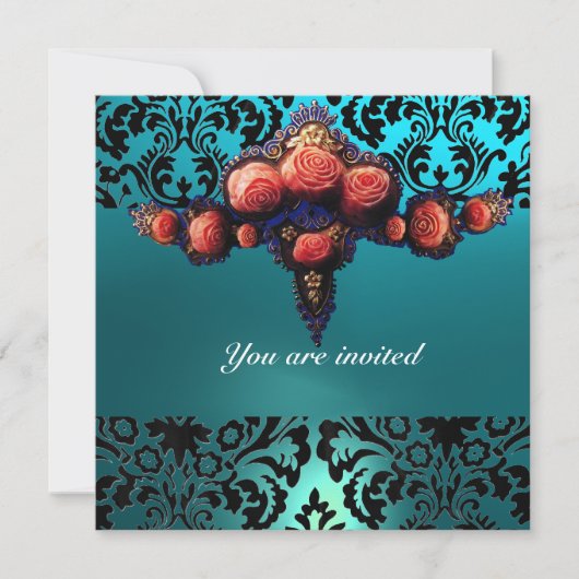 DAMASK GEM AND PINK ROSES MONOGRAMM EINLADUNG (Vorderseite)
