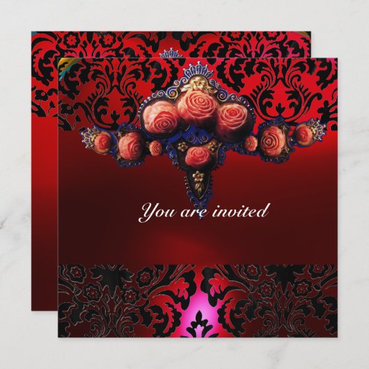 DAMASK GEM AND PINK ROSES MONOGRAMM EINLADUNG (Vorne/Hinten)