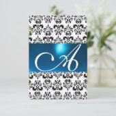 DAMASK GEM MONOGRAM Blau-weiße uAwg Einladung (Stehend Vorderseite)
