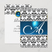 DAMASK GEM MONOGRAM Blau-weiße uAwg Einladung (Vorne/Hinten)