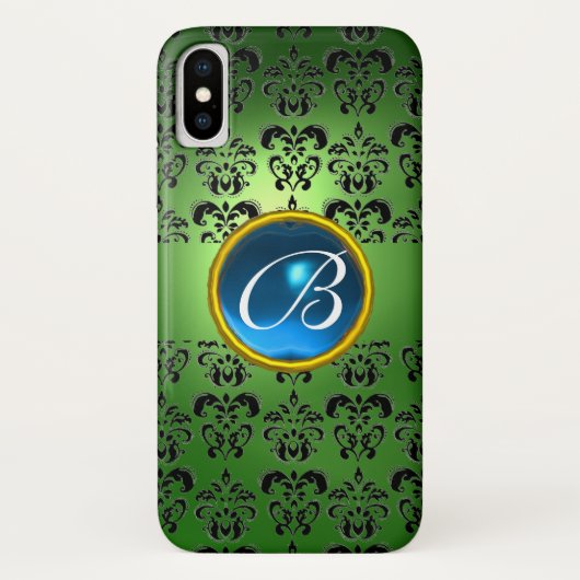 DAMASK GEM MONOGRAM grün schwarz Case-Mate iPhone Hülle (Rückseite)