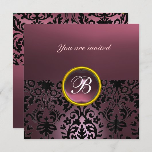DAMASK GEM STONE MONOGRAM Amethyst lila dunkel Einladung (Vorne/Hinten)