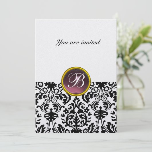 DAMASK GEM STONE MONOGRAM Amethyst lila Eis Einladung (Stehend Vorderseite)