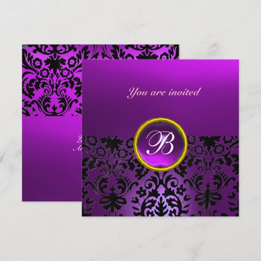 DAMASK GEM STONE MONOGRAM Amethystyst lila Einladung (Vorne/Hinten)