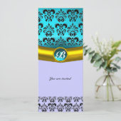 DAMASK GEM STONE MONOGRAM, blaues Turquase Einladung (Stehend Vorderseite)