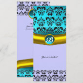 DAMASK GEM STONE MONOGRAM, blaues Turquase Einladung (Vorne/Hinten)