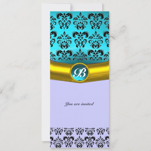 DAMASK GEM STONE MONOGRAM, blaues Turquase Einladung (Vorderseite)