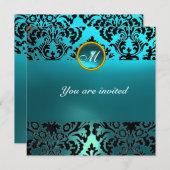 DAMASK GEM STONE MONOGRAM Blue Aquamarine Einladung (Vorne/Hinten)