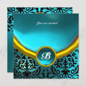 DAMASK GEM STONE MONOGRAM Blue Aquamarine Einladung (Vorne/Hinten)
