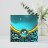 DAMASK GEM STONE MONOGRAM Blue Aquamarine Einladung (Stehend Vorderseite)