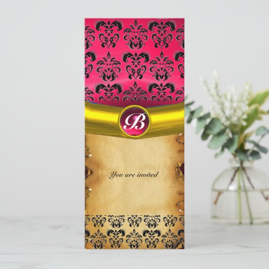 DAMASK GEM STONE MONOGRAM, braunes Pergament Einladung (Stehend Vorderseite)