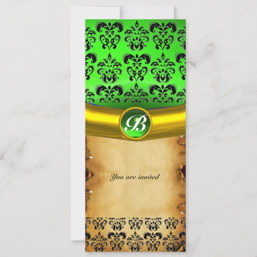 DAMASK GEM STONE MONOGRAM, braunes Pergament Einladung (Vorderseite)