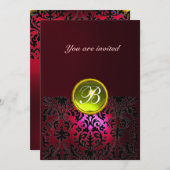 DAMASK GEM STONE MONOGRAM Gelbe rubinrote Borte Einladung (Vorne/Hinten)