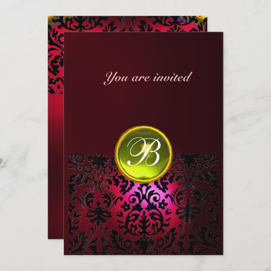 DAMASK GEM STONE MONOGRAM Gelbe rubinrote Borte Einladung (Vorne/Hinten)