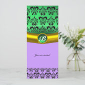 DAMASK GEM STONE MONOGRAM grün, violett, rosa Einladung (Stehend Vorderseite)