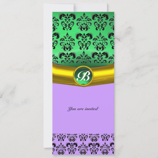 DAMASK GEM STONE MONOGRAM grün, violett, rosa Einladung (Vorderseite)