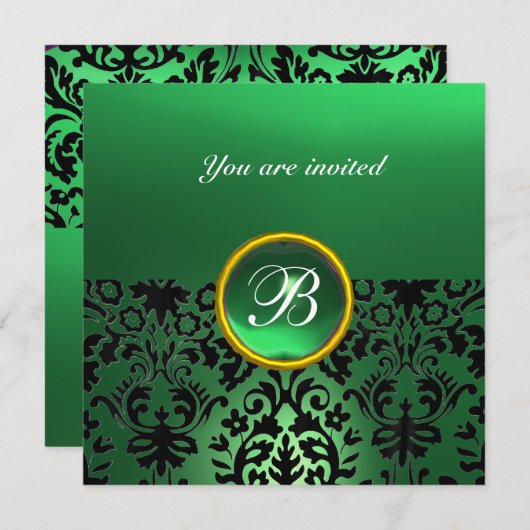 DAMASK GEM STONE MONOGRAM Jadegrün Einladung (Vorne/Hinten)