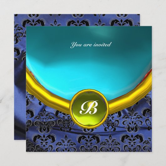 DAMASK GEM STONE MONOGRAM lila Seide blau Einladung (Vorne/Hinten)