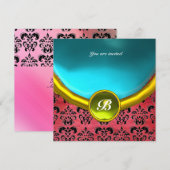 DAMASK GEM STONE MONOGRAM lila Seide blau Einladung (Vorne/Hinten)