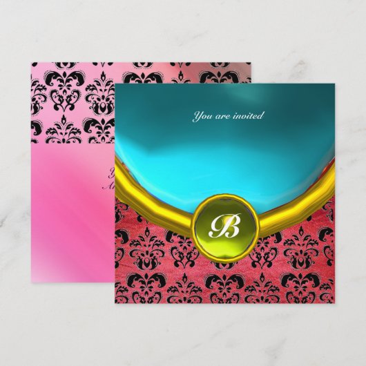 DAMASK GEM STONE MONOGRAM lila Seide blau Einladung (Vorne/Hinten)