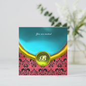 DAMASK GEM STONE MONOGRAM lila Seide blau Einladung (Stehend Vorderseite)