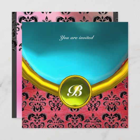 DAMASK GEM STONE MONOGRAM lila Seide blau Einladung (Vorne/Hinten)