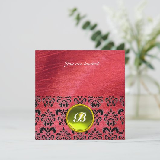 DAMASK GEM STONE MONOGRAM lila Seide Einladung (Stehend Vorderseite)