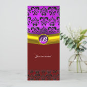 DAMASK GEM STONE MONOGRAM lila Veilchen Einladung (Stehend Vorderseite)