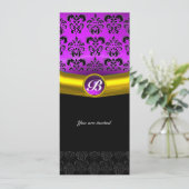 DAMASK GEM STONE MONOGRAM lila Veilchen Einladung (Stehend Vorderseite)