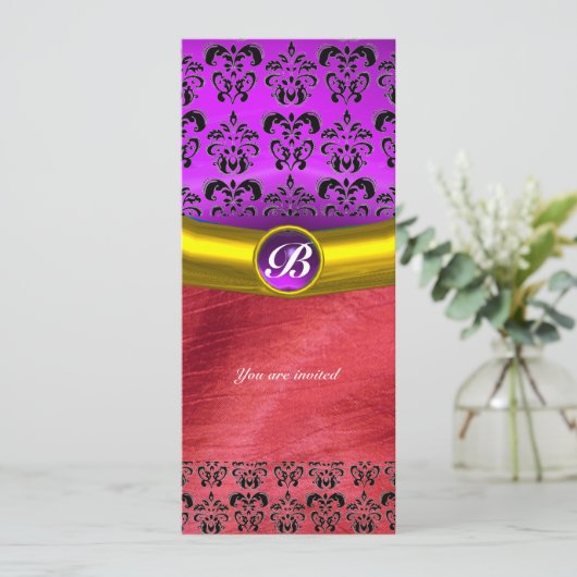 DAMASK GEM STONE MONOGRAM lila violette Seide Einladung (Stehend Vorderseite)