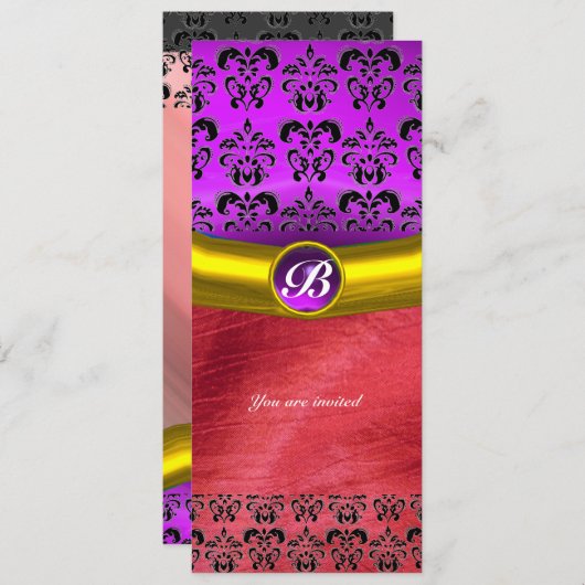 DAMASK GEM STONE MONOGRAM lila violette Seide Einladung (Vorne/Hinten)