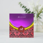 DAMASK GEM STONE MONOGRAM lila violette Seide Einladung (Stehend Vorderseite)