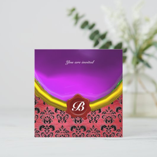 DAMASK GEM STONE MONOGRAM lila violette Seide Einladung (Stehend Vorderseite)