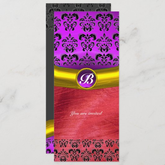 DAMASK GEM STONE MONOGRAM lila violette Seide Einladung (Vorne/Hinten)