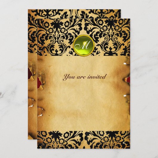 DAMASK GEM STONE MONOGRAM Pergament gelb Einladung (Vorne/Hinten)