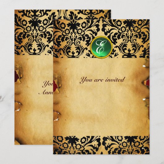 DAMASK GEM STONE MONOGRAM Pergament grün Einladung (Vorne/Hinten)