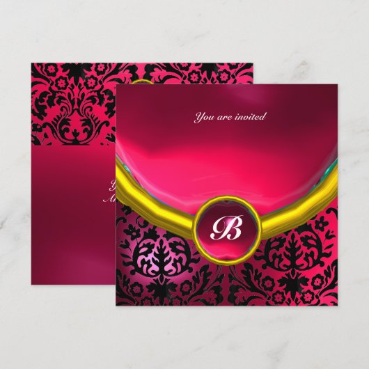 DAMASK GEM STONE MONOGRAM rosa Fuchsia ruby Einladung (Vorne/Hinten)